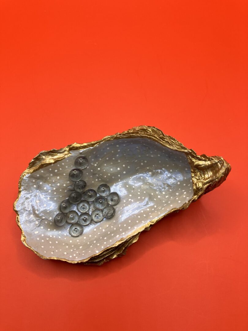 Uitgelichte afbeelding voor “Oesterschelp, grijs met witte stippen”