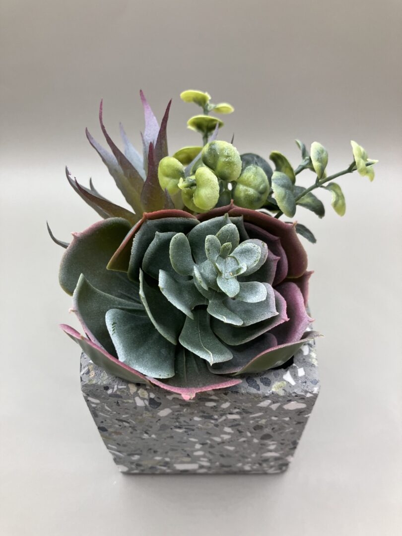 Set van twee grijs gemêleerde potjes met kunst vetplantjes - Afbeelding 3